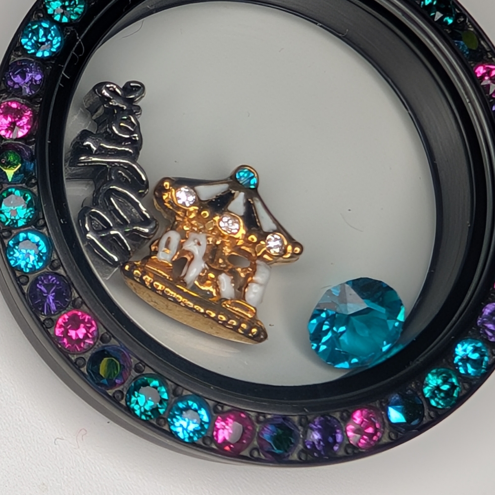 Origami Owl Black Living Locket with Multicolor Crystals and Charms